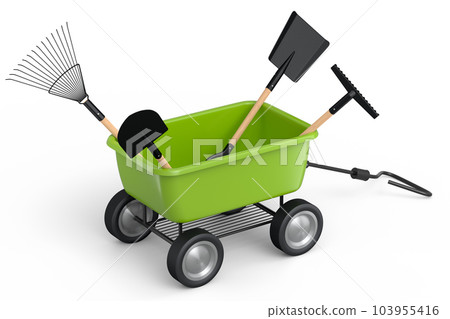 Garden wheelbarrow with garden tools like shovel, rake and fork on white. Garden wheelbarrow with garden tools like shovel, rake and fork on white. 103955416