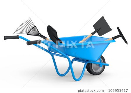 Garden wheelbarrow with garden tools like shovel, rake and fork on white. 103955417