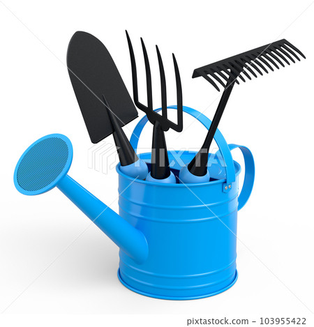 Watering can with garden tools like shovel, rake and fork on white background. Watering can with garden tools like shovel, rake and fork on white background. 103955422