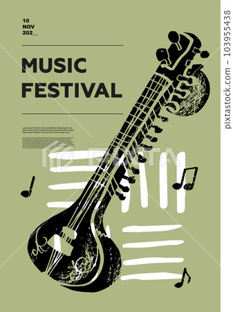 Sitar, folk. Music festival poster. String musical instruments. Competition. A set of vector illustrations. Minimalistic design. Banner, flyer, cover, print. 103955438