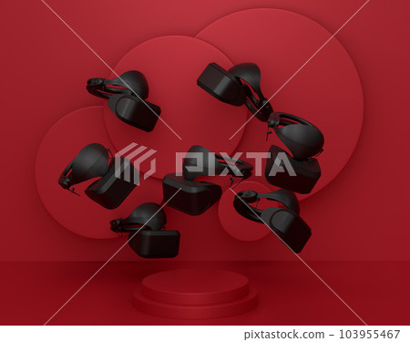 Set of video game VR virtual reality glasses on monochrome podium Set of video game VR virtual reality glasses on monochrome podium 103955467