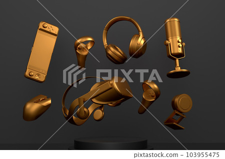 Set of video game microphone, VR glasses and headphones on monochrome podium Set of video game microphone, VR glasses and headphones on monochrome podium 103955475
