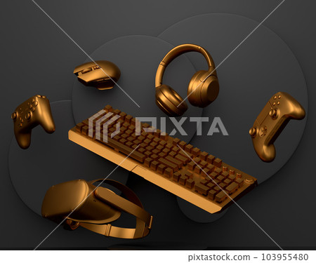 Set of video game joystick, keyboard and headphones on monochrome podium 103955480