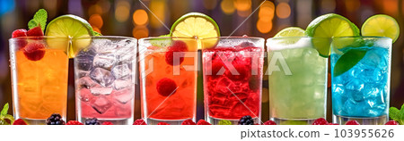mixes colorful drinks with tropical fresh fruit and ice, banner, made with Generative AI 103955626