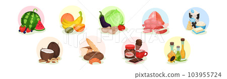 Food Groups with Dairy, Meat, Bread, Fruit, Vegetables and Nuts in Circle Vector Set Food Groups with Dairy, Meat, Bread, Fruit, Vegetables and Nuts in Circle Vector Set 103955724