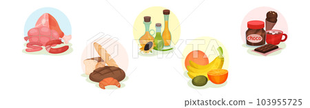 Food Groups with Meat, Bread, Fat, Fruit and Sweets in Circle Vector Set Food Groups with Meat, Bread, Fat, Fruit and Sweets in Circle Vector Set 103955725