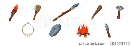 Stone Age Objects and Hunting Weapons with Stick and Spear Vector Set 103955753