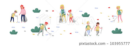 People with Kids Volunteers Cleaning Picking Garbage and Plastic Bottles Vector Set 103955777