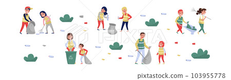 People with Kids Volunteers Cleaning Picking Garbage and Plastic Bottles Vector Set People with Kids Volunteers Cleaning Picking Garbage and Plastic Bottles Vector Set 103955778