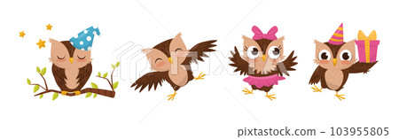 Cute Little Owl Character with Large Eyes and Wings Vector Set 103955805