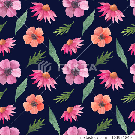 Watercolor seamless pattern with anemone and echinacea buds. Watercolor print isolated on white background for textile or wallpapers, illustration in provence style 103955849