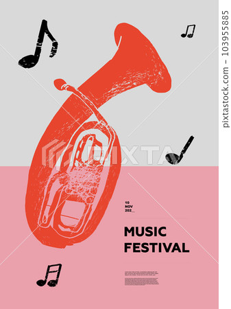Baritone horn. Music festival poster. Wind musical instruments. Competition. A set of vector illustrations. Minimalistic design. Banner, flyer, cover, print. 103955885