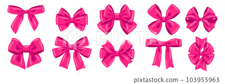 Set of pink satin bows. Ribbon with knot for card decoration and design. 103955963