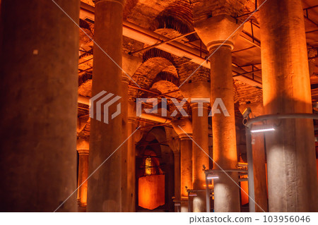 Beautiful cistern in Istanbul. Cistern - underground water reservoir build in 6th century, Istanbul, Turkey, Turkiye Beautiful cistern in Istanbul. Cistern - underground water reservoir build in 6th century, Istanbul, Turkey, Turkiye 103956046