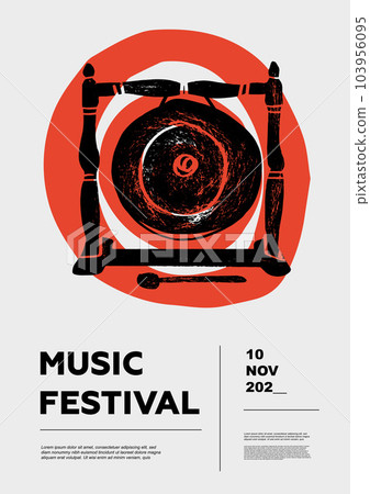 Gong, Chau, tam-tam, dora, nipple, opera. Music festival poster. Percussion musical instruments. Competition. A set of vector illustrations. Minimalistic design. Banner, flyer, cover, print. 103956095
