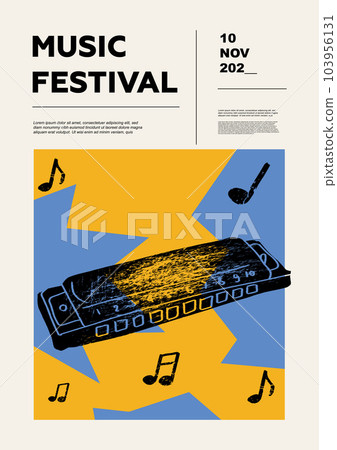Harmonica, harp, organ. Music festival poster. Reed musical instruments. Competition. A set of vector illustrations. Minimalistic design. Banner, flyer, cover, print. 103956131