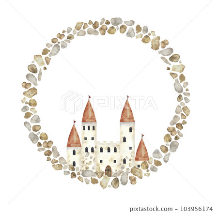 Frame with castle and Stone house wall seamless border, rock gray tiles, column isolated on white. Garden manor barrier illustration, architecture outdoor design element. 103956174