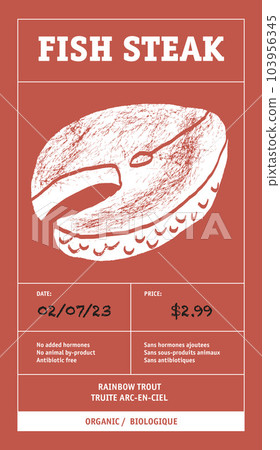 Modern typography banner, hand drawn steak. Meat, fish steak abstract vector packaging labels design set. Color paper background layouts collection Isolated. Modern typography banner, hand drawn steak. Meat, fish steak abstract vector packaging labels design set. Color paper background layouts collection Isolated. 103956345