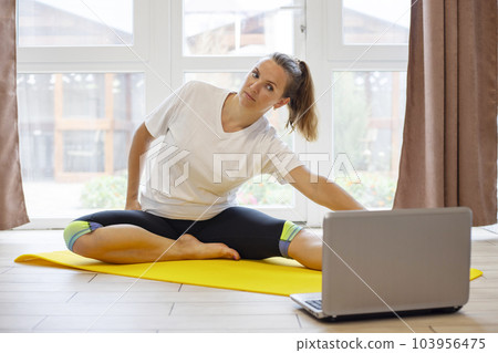 Beautiful young woman in sportswear doing sport exercises on yoga mat at home. 103956475