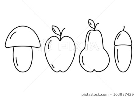 Set of contour drawing seasonal fruits - Mushroom, apple, pear and acorn Thanksgiving day. Vector 103957429