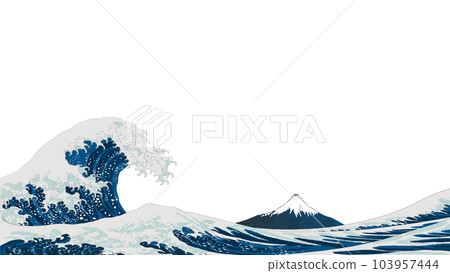 Hokusai's Ukiyo-e style wave and Mt.Fuji vector illustration banner template with no background 103957444