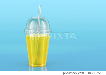Plastic transparent disposable cup with colored drink and drinking straw on blue background, 3D rendering 103957543