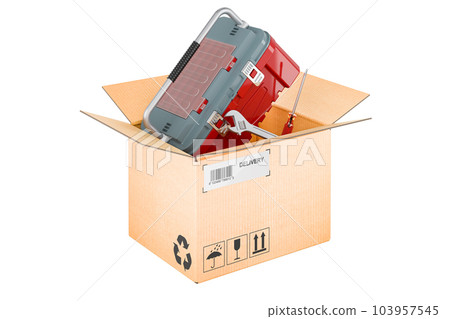 Toolbox inside cardboard box, delivery concept, 3D rendering Toolbox inside cardboard box, delivery concept, 3D rendering 103957545