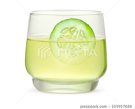 Glass of cucumber water and slice of fresh cucumber isolated on white 103957689