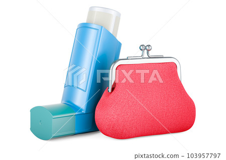 Metered-dose inhaler, MDI with coin purse. 3D rendering 103957797