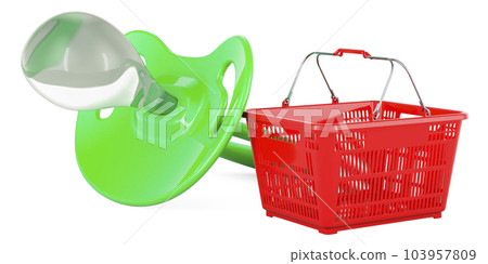 Shopping basket with baby pacifier. 3D rendering 103957809