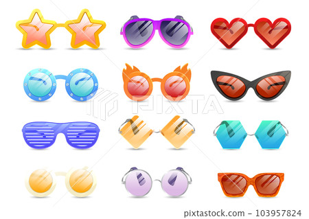 Glasses colorful vector set illustration. Carnival Glasses Realistic Set. Glasses summer symbol. Glasses set for traveling design. Glasses colorful vector set illustration. Carnival Glasses Realistic Set. Glasses summer symbol. Glasses set for traveling design. 103957824