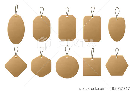 Realistic craft carton paper price tags of different shapes. Shopping paper labels with rope. Sale tags and labels 103957847