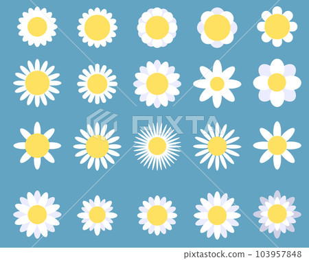 Flowers with cartoon funny smiling faces. Groovy flower cartoon characters. Funny happy daisy with eyes and smile. Kids logo design with daisies vector set. 103957848