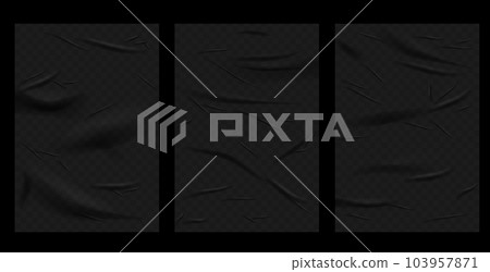 Realistic set of black glued wall posters. Glued posters, old adhesive texture mockup. Blank sheets creased effect. Blank pages with wrinkles, realistic 3d set 103957871