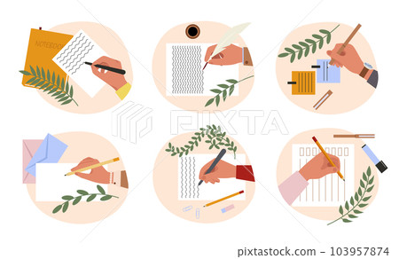 Hands holding pen and making note. Person writing or painting. Diary plan. Paper document. Paintbrush and palette. Office desk top view. Hands holding pen and making note. Person writing or painting. Diary plan. Paper document. Paintbrush and palette. Office desk top view. 103957874