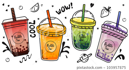 Bubble tea cup design collection. Pearl milk tea , Boba milk tea, Yummy drinks, coffees with doodle style banner 103957875