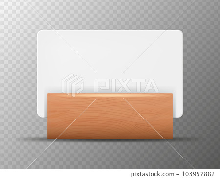 White empty place cards on wooden holder. Realistic Detailed 3d Blank White Empty Place Cards. Design Template for Mockup, Menu Frame, Booklets. 103957882
