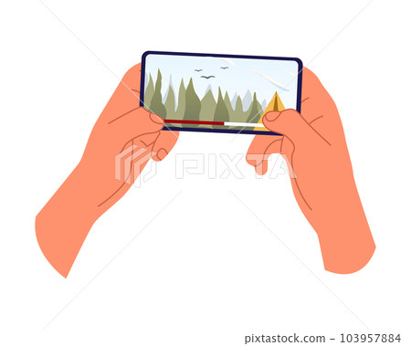 Watching videos online on mobile phone screen. Podcast, news, watching video online, talk show, tv application, live streaming. Hands holding phone Watching videos online on mobile phone screen. Podcast, news, watching video online, talk show, tv application, live streaming. Hands holding phone 103957884