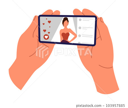 Watching videos online on mobile phone screen. Podcast, news, watching video online, talk show, tv application, live streaming. Hands holding phone 103957885