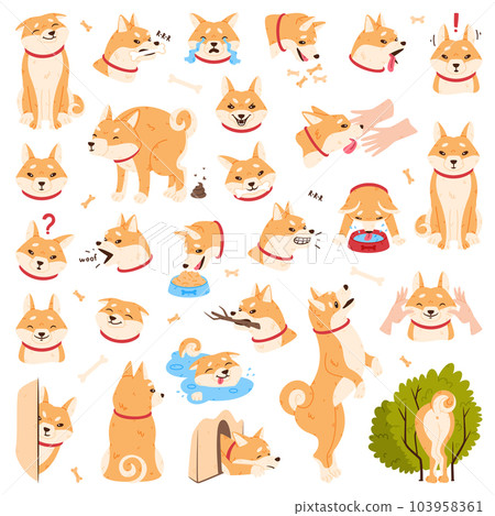 Akita Inu Dog and Domestic Animal or Pet in Different Situation Vector Set 103958361