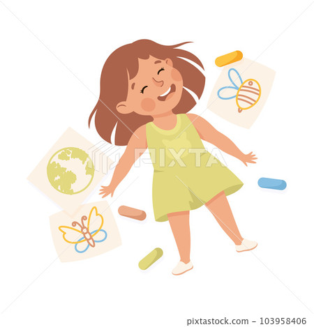 Little Girl Character Lying with Crayons and Drawing Paper Above View Vector Illustration 103958406