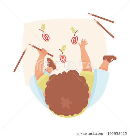 Little Boy Character Sitting and Drawing with Pencils on Paper Above View Vector Illustration 103958415