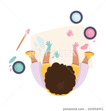 Little Boy Character Sitting and Paint on Paper Above View Vector Illustration 103958451