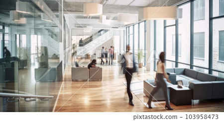 Modern office interior with busy business people walking around. Generative AI AIG18. Modern office interior with busy business people walking around. Generative AI AIG18. 103958473