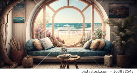 Beach house or hotel bungalow decoration in modern stylish boho 103958542