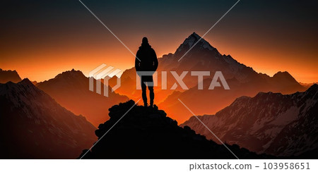 Silhouette man standing on top of Himalayan mountain majestic. Generative AI AIG15. Silhouette man standing on top of Himalayan mountain majestic. Generative AI AIG15. 103958651