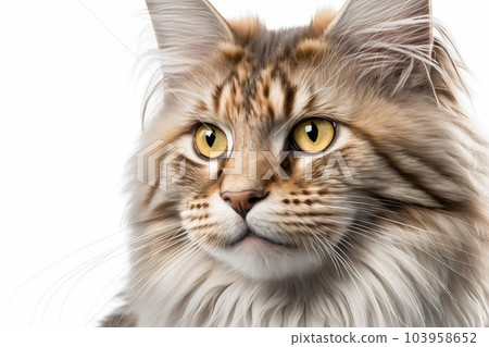 Close up of Maine Coon cat white background. Generative AI AIG16. Close up of Maine Coon cat white background. Generative AI AIG16. 103958652