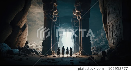 Close up movie still of a group of explorers finding ancient abandoned temple inside a huge cavern. Generative AI AIG16. Close up movie still of a group of explorers finding ancient abandoned temple inside a huge cavern. Generative AI AIG16. 103958777