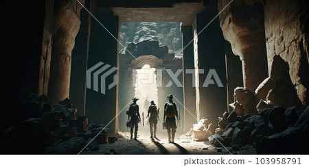 Close up movie still of a group of explorers finding ancient abandoned temple inside a huge cavern. Generative AI AIG16. Close up movie still of a group of explorers finding ancient abandoned temple inside a huge cavern. Generative AI AIG16. 103958791