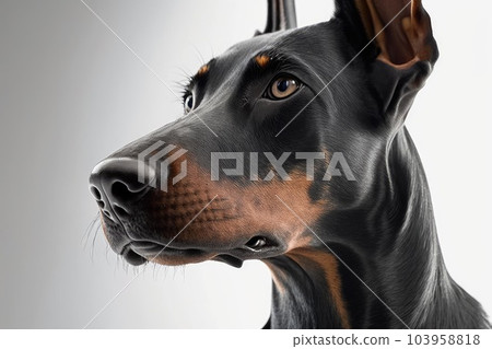 Close up of black-brown Doberman Pinscher dog in white background. Generative AI AIG16. 103958818